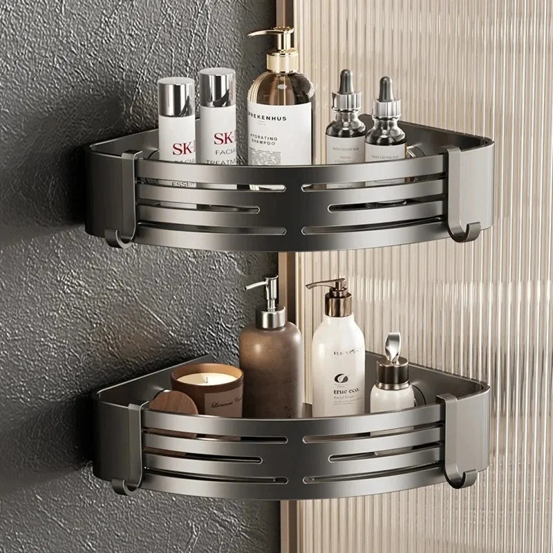 étagère angle aluminium salle bain moderne minimaliste adhésive grise rangement cosmétique tasse serviette