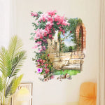 autocollant mural rose blanc vert fleurs pierres arche réaliste résistant eau facile dimension 52cm