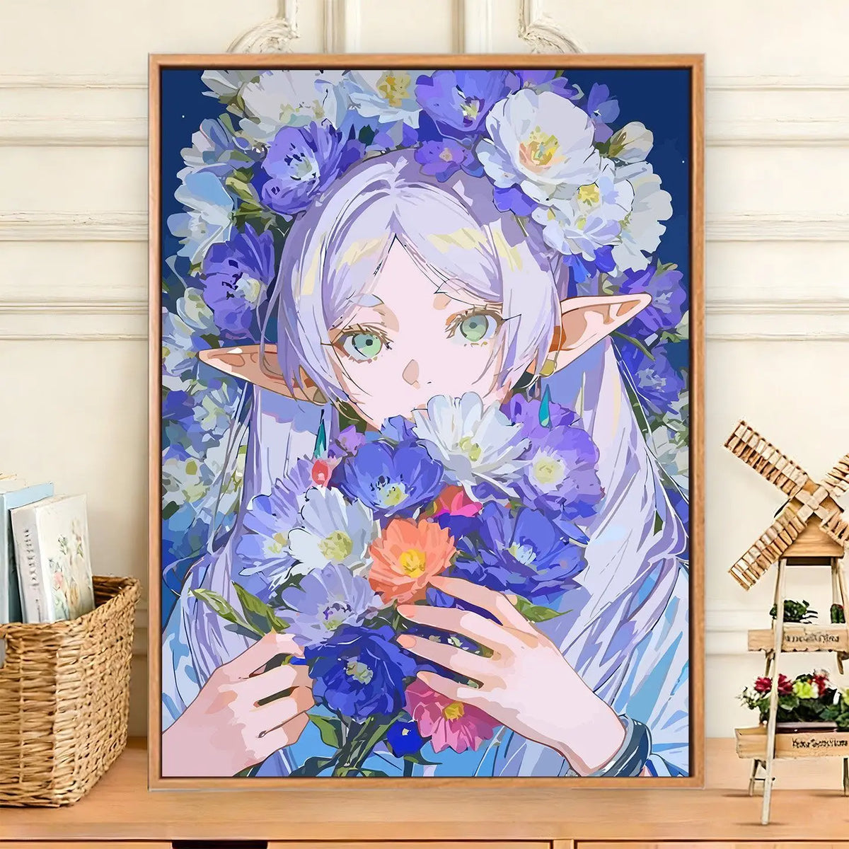 peinture numéro fleurs elfe bleu blanc vert rose toile adulte numérique