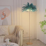lampe sol moderne plumes blanches dorées bleu turquoise LED éclairage intérieur chambre salon élégant
