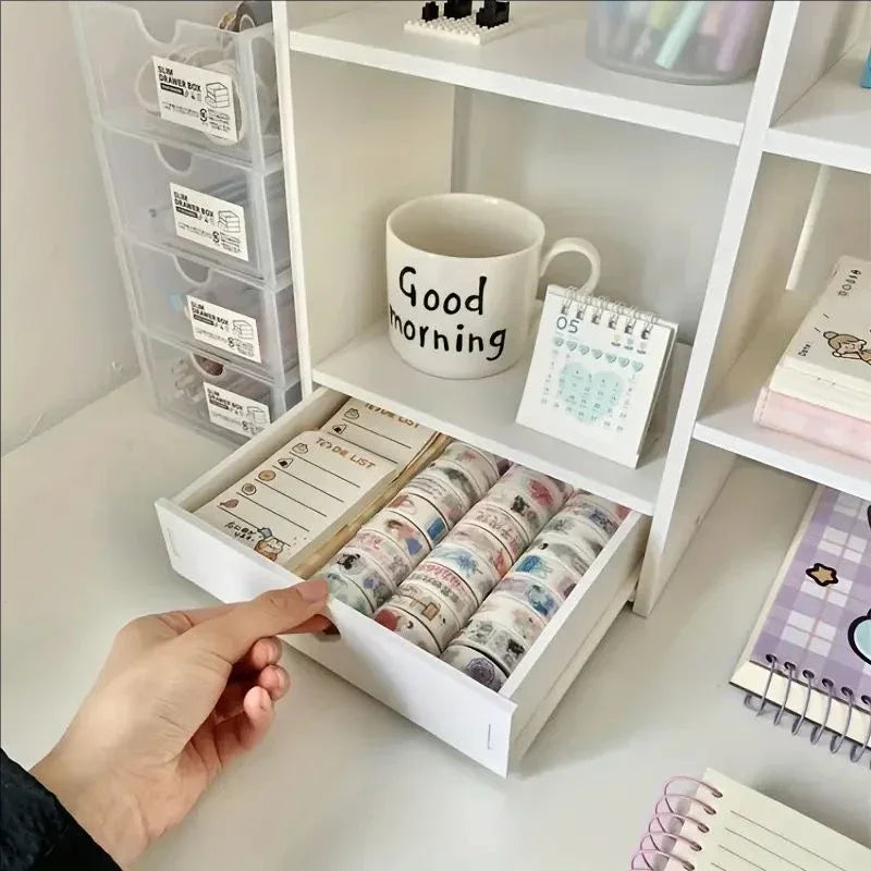 organisateur blanc rangement étagères tiroirs transparents accessoires kawaii mugs carnets stylos