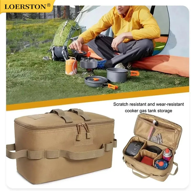 sac rangement cuisinière gaz tissu imperméable militaire beige compartiments poignées fixationsextérieur camping