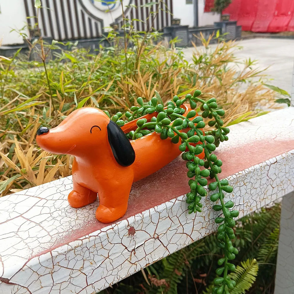 pot fleurs chien dachshund orange résine moderne créatif décoration intérieure extérieure plantes verte unique