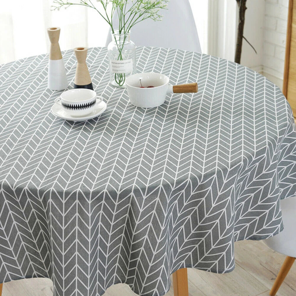 nappe table ronde moderne gris bleu jaune triangles géométriques imperméable noël extérieur 120cm 150cm
