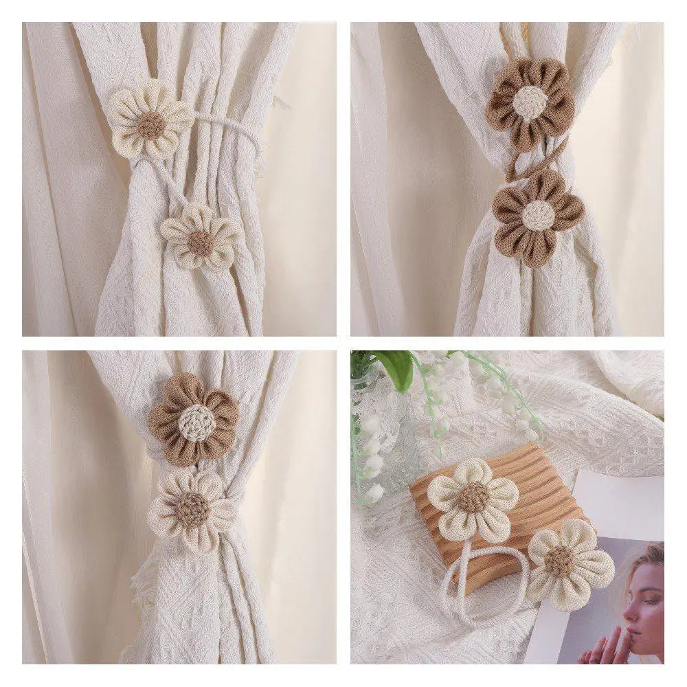 rubans rideaux fleurs tricotées beige blanc décoratifs rustiques opaques