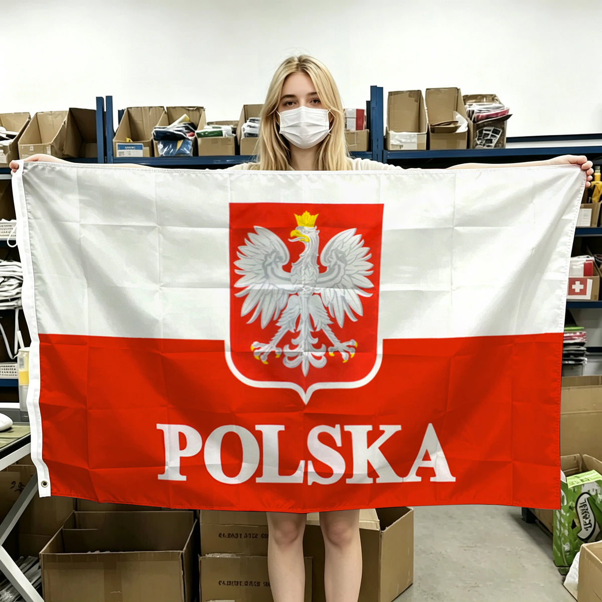 drapeau polonais aigle stylisé polska blanc rouge polyester dimensions 120x180cm 90x150cm decoration murale classique