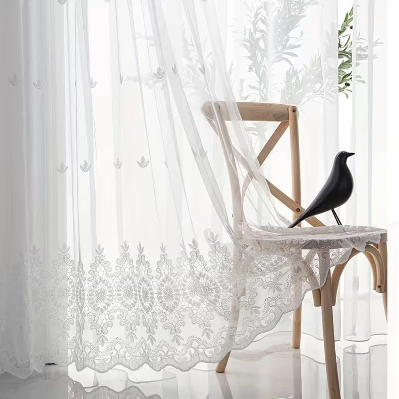rideau blanc brodé floral transparent classique fenêtre française polyester 100 cm