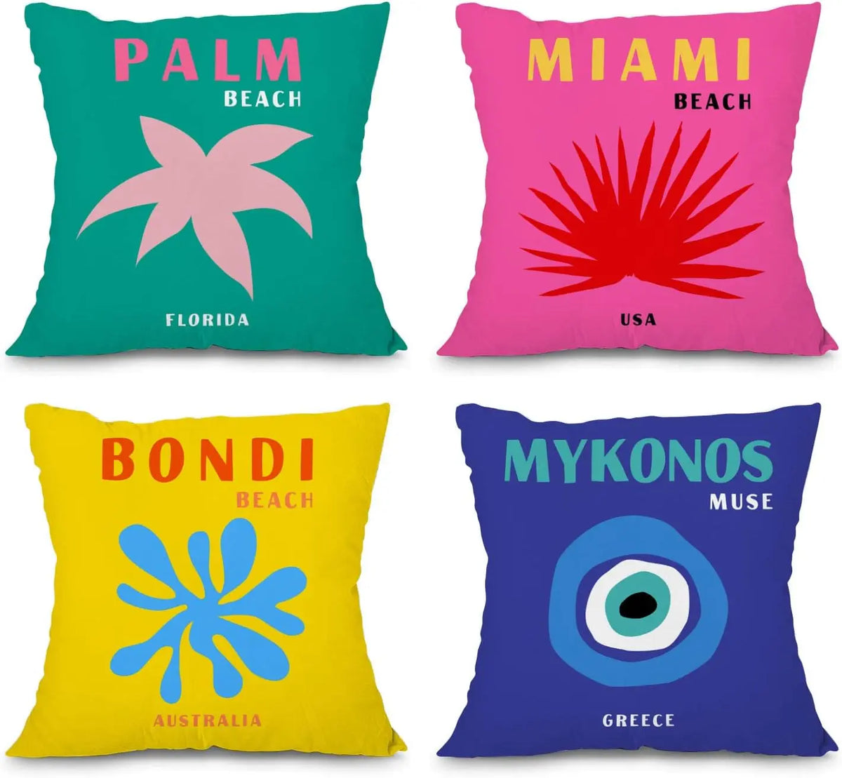 housse coussin carré imprimé moderne vert rose jaune bleu palmier fleur œil 35x35cm 40x40cm