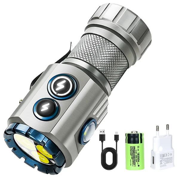 lampe torche rechargeable led rgb argenté noir jaune texturée moderne aimant mode lumière variable