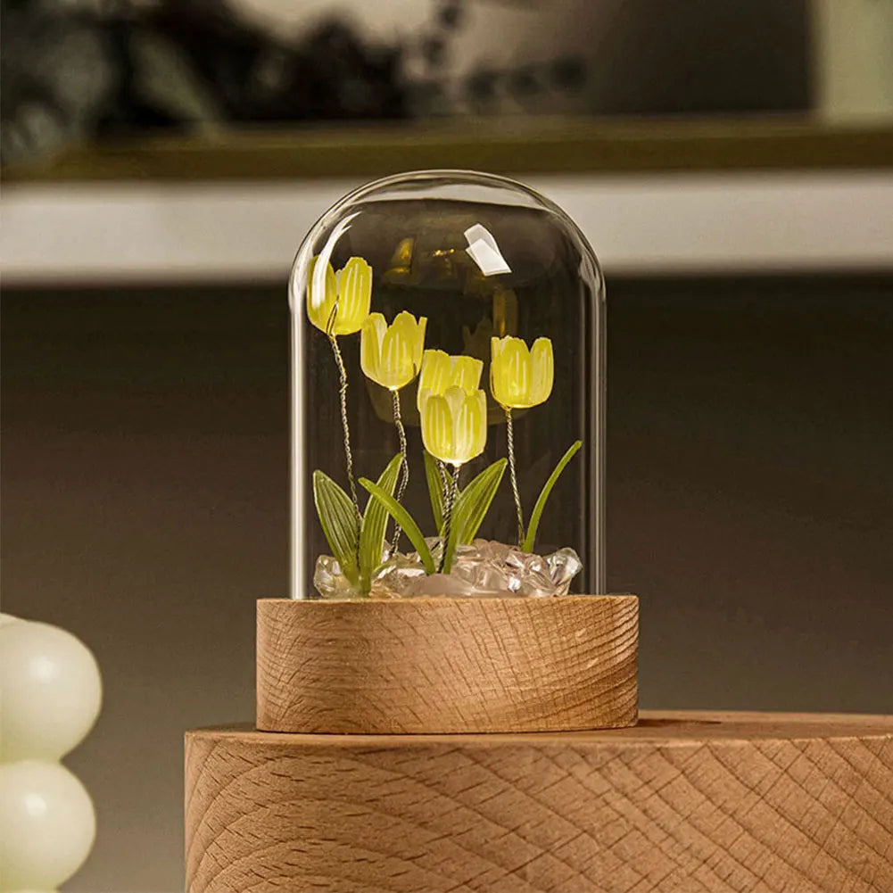 lampe décorative tulipe fleurs feuilles verre transparent base bois moderne minimaliste led ambiance chambre