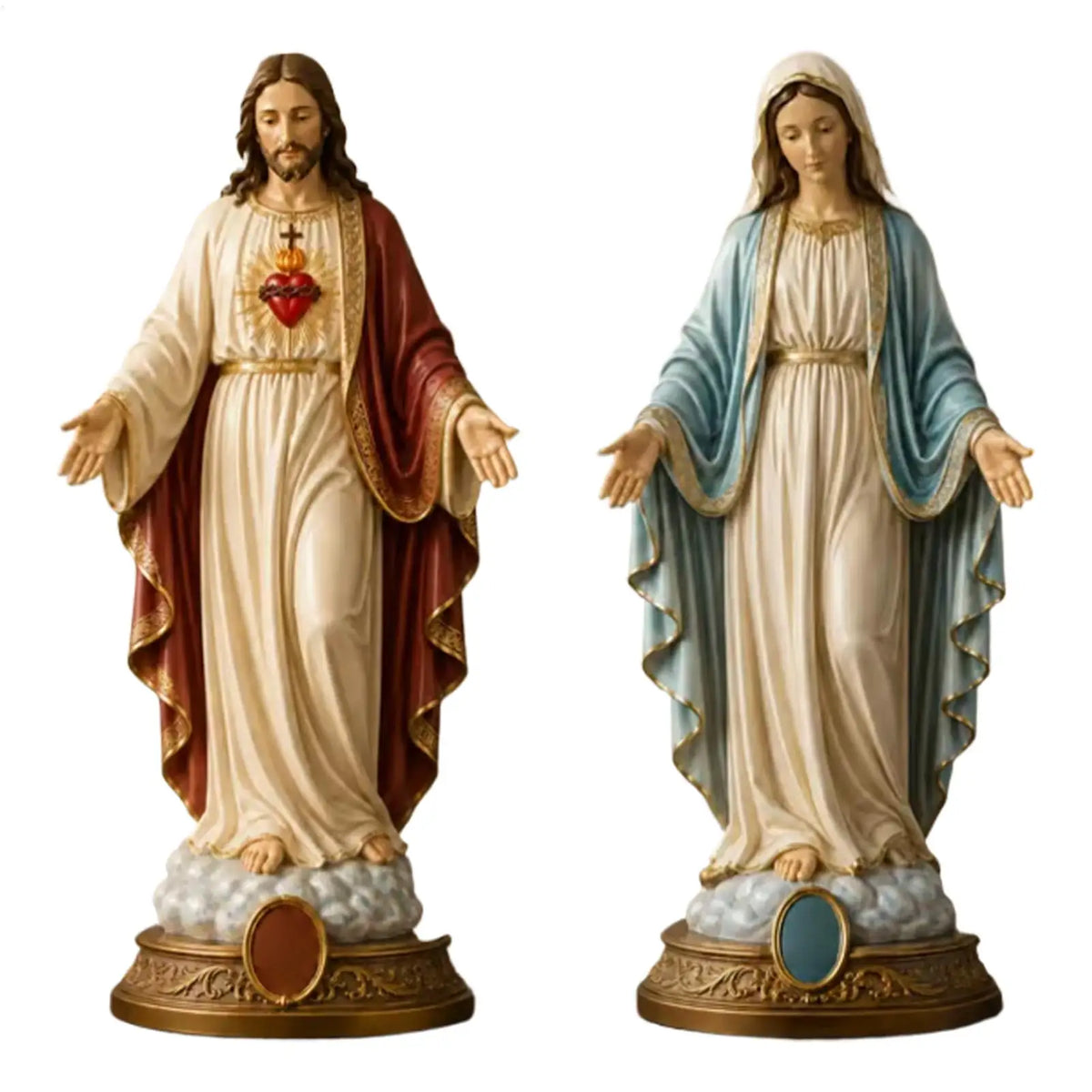 statues religieuses jésus marie robes ornées coeur sacré socle doré rouge bleu doré classique