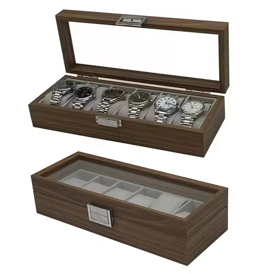 boîte montres marron clair compartiments verre transparent aspect bois moderne poignée métalliqueSlots 75cm31cm12cm
