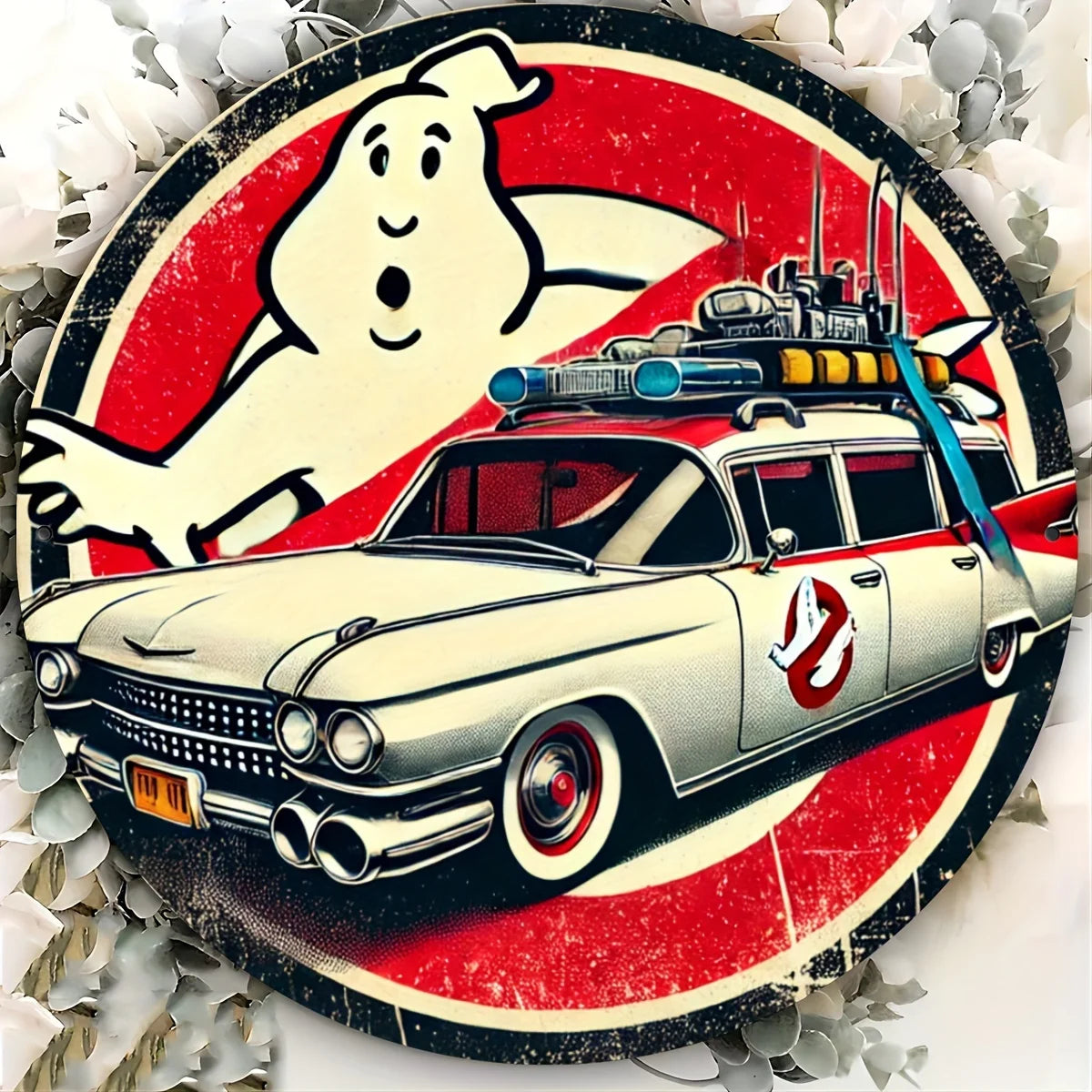 plaque décorative vintage fantôme voiture blanc rouge noir 20cm opacité mur illustration rétro