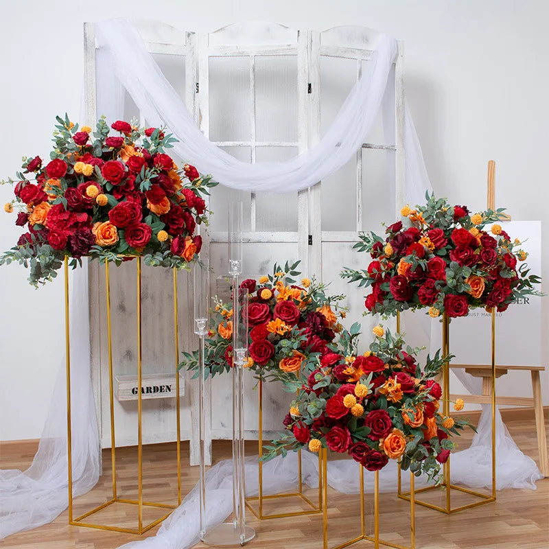 support fleurs artificielles moderne bouquet doré élégant décoration mariage tablecoration métal or rouge blanc