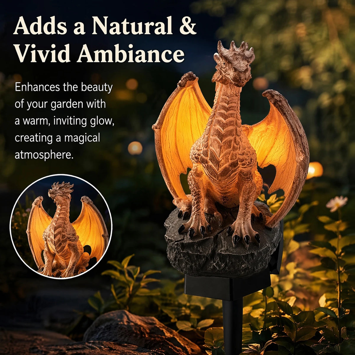 statue dragon lumineuse résine marron fantastique décoration extérieure jardin maison plumes ailes details réaliste