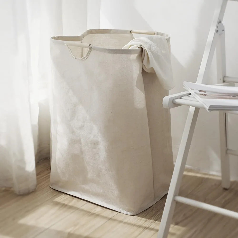 panier linge pliable réutilisable toile lin beige clair poignées bois moderne respectueux l'environnement coton