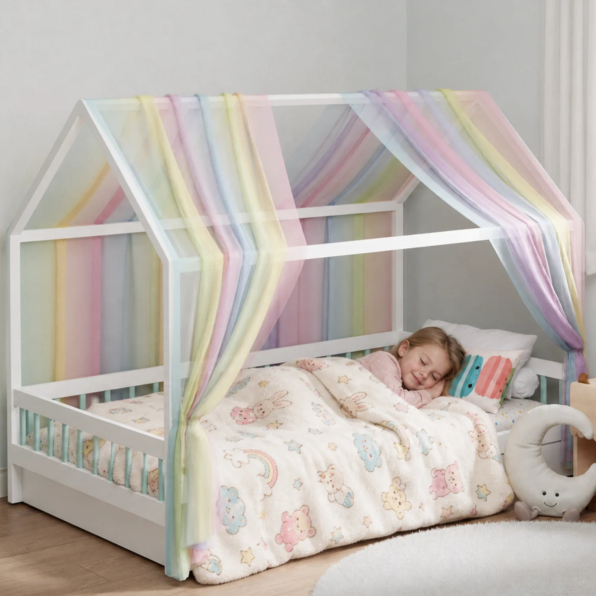 rideau arc ciel enfant lit cabane rayures horizontales multicolore moderne oreillers coussins tapis