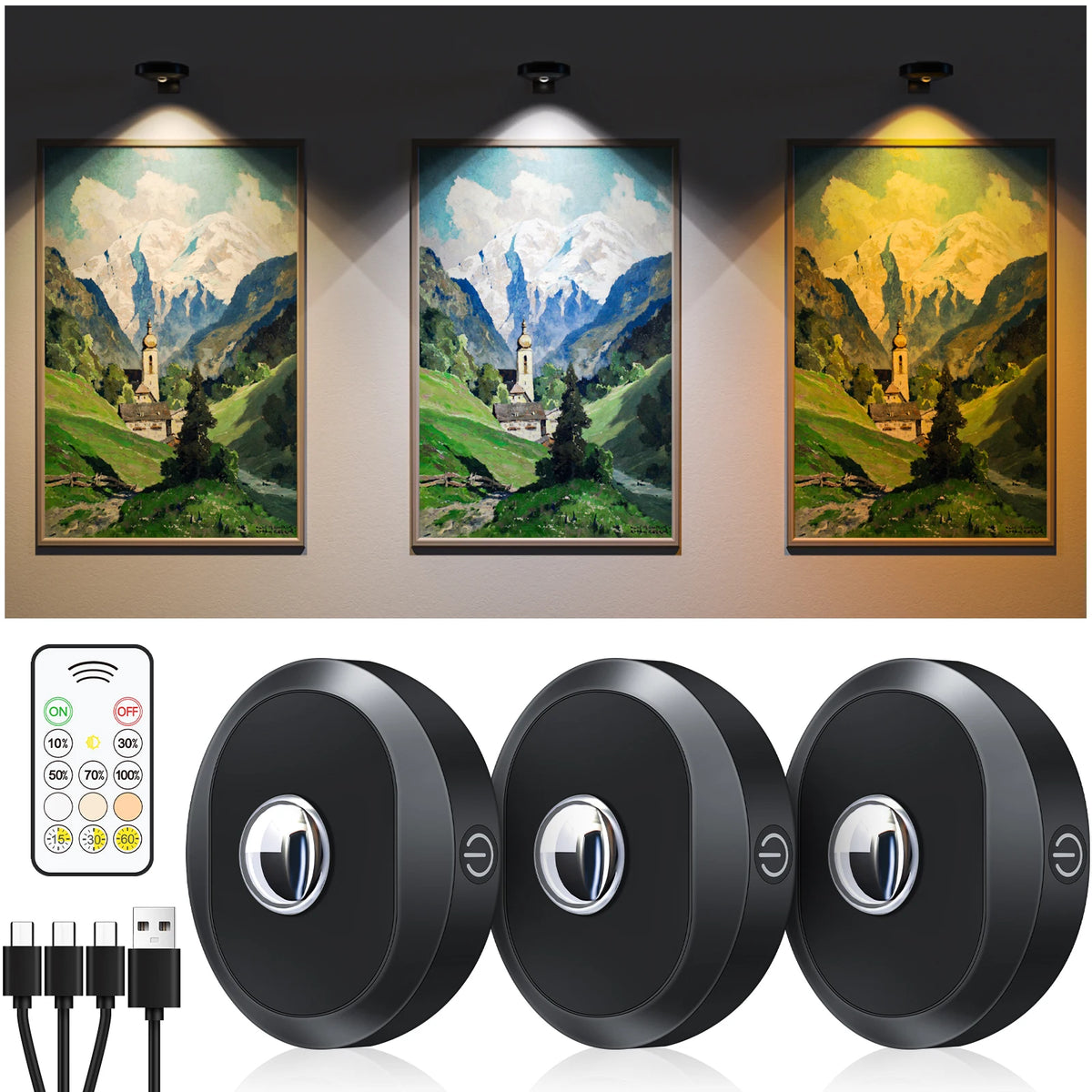lampe led rechargeable noire télécommande aimant adhésif rond brillant moderne 60249lm