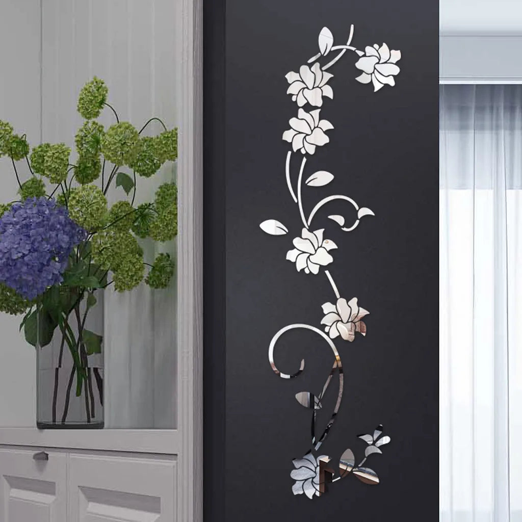 Miroir mural en rotin avec fleurs 3D autocollant acrylique kaki