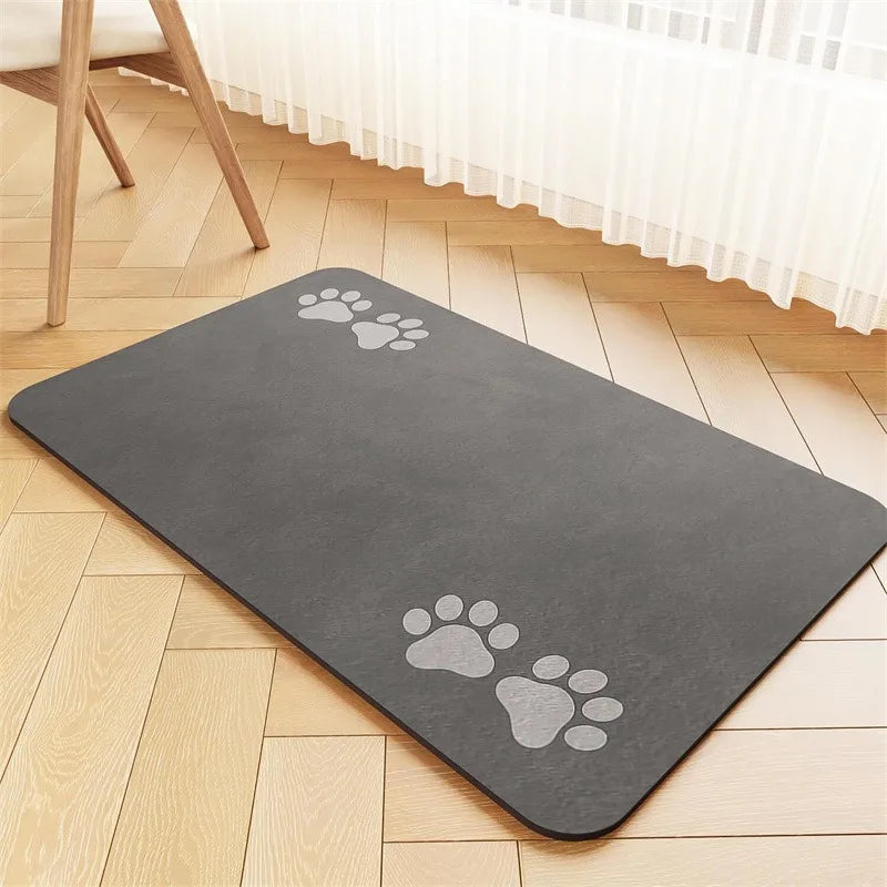 tapis nourriture animal gris imprimé pattes blanches moderne anti scratch rapide séchage super absorbant