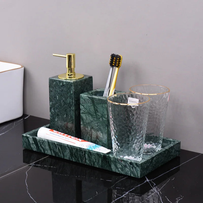 ensemble salle bain vert marbre moderne distributeur savon porte brosse gobelet serviette