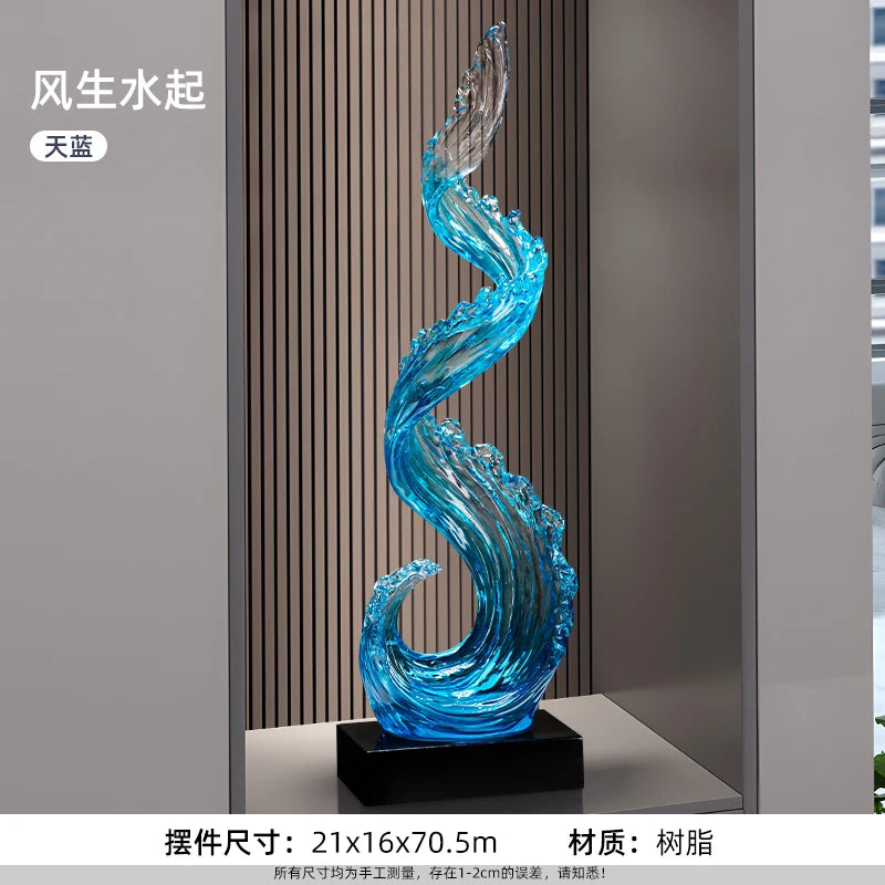 sculpture résine bleue vague moderne décoration intérieure entrée salon cadeau anniversaire nouvel an