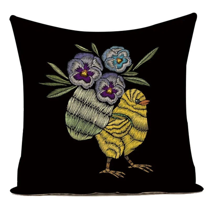 housse coussin carrée noir motif floral vintage décoration canapé lit maison chic