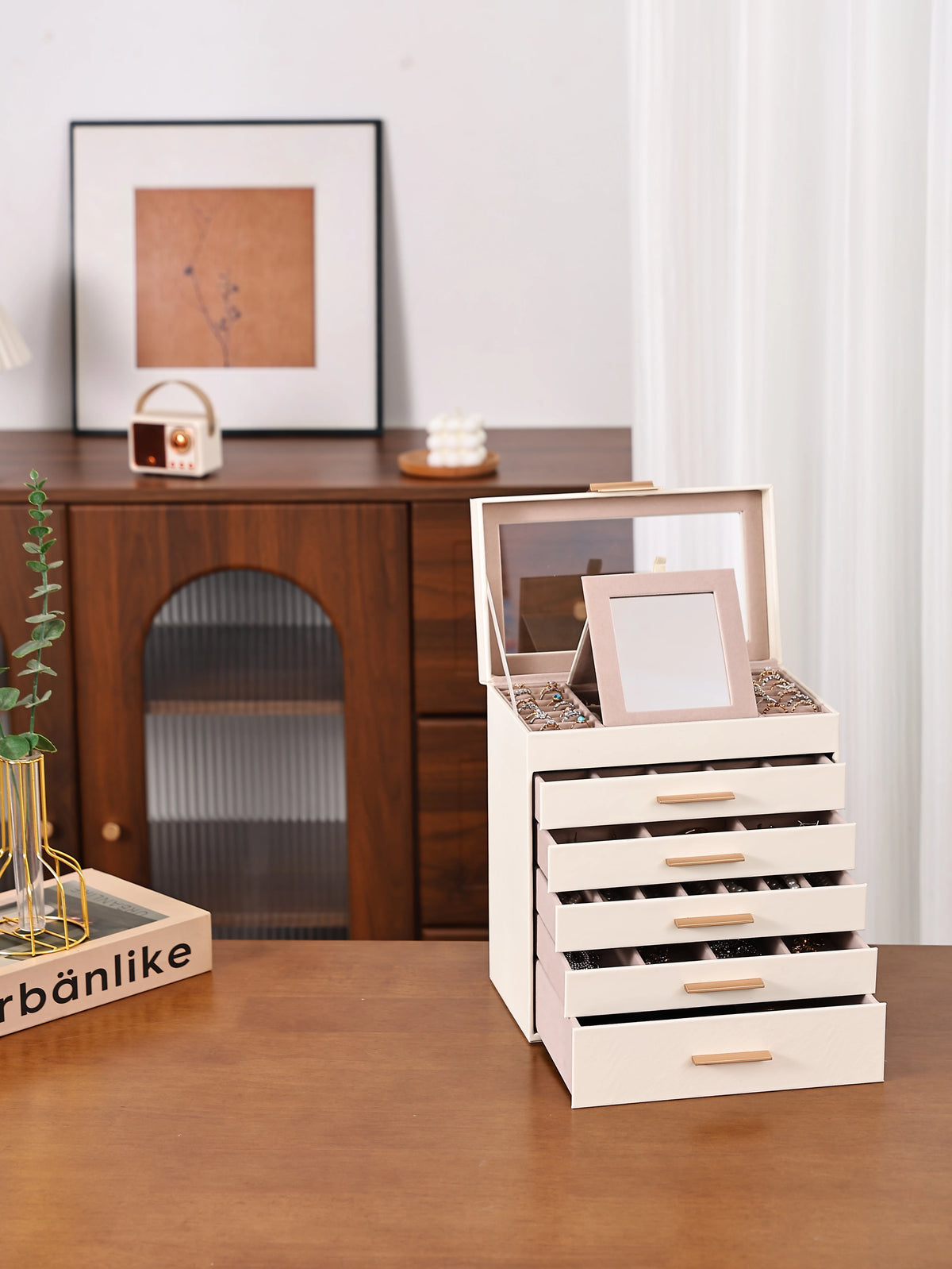boîte bijoux cuir pu blanc moderne miroir compartiments poignées dorées portable