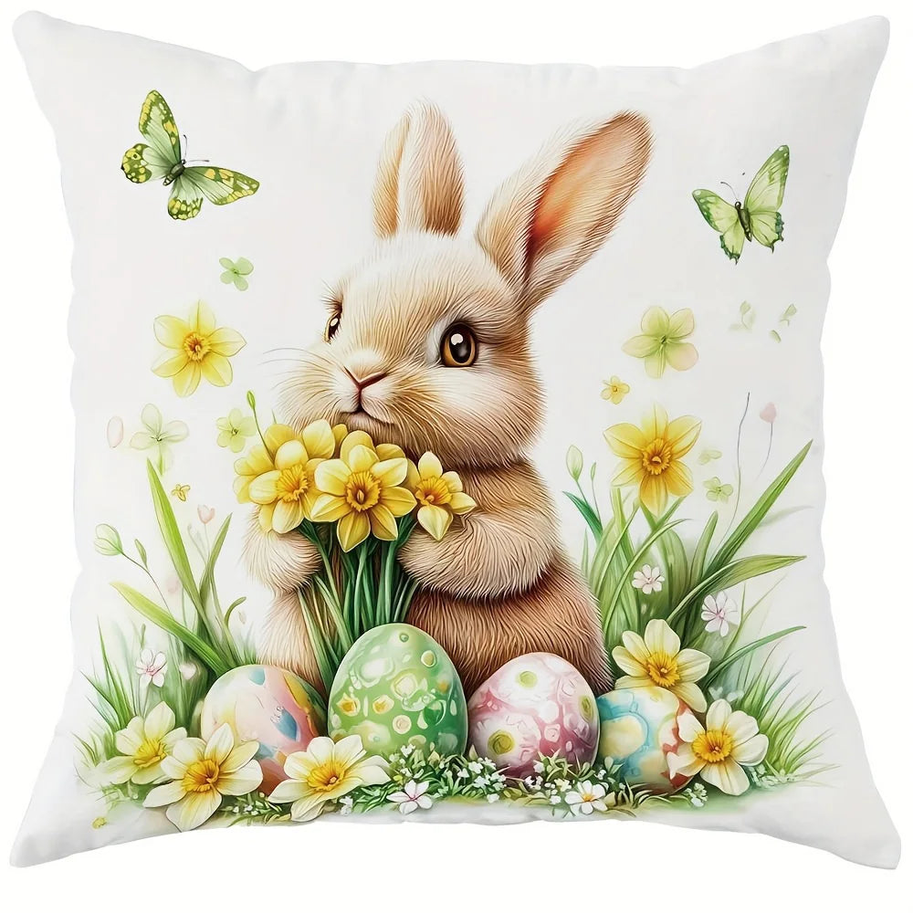 taies d'oreiller lapins pâques fleurs printemps coussin maison polyester blanc vert