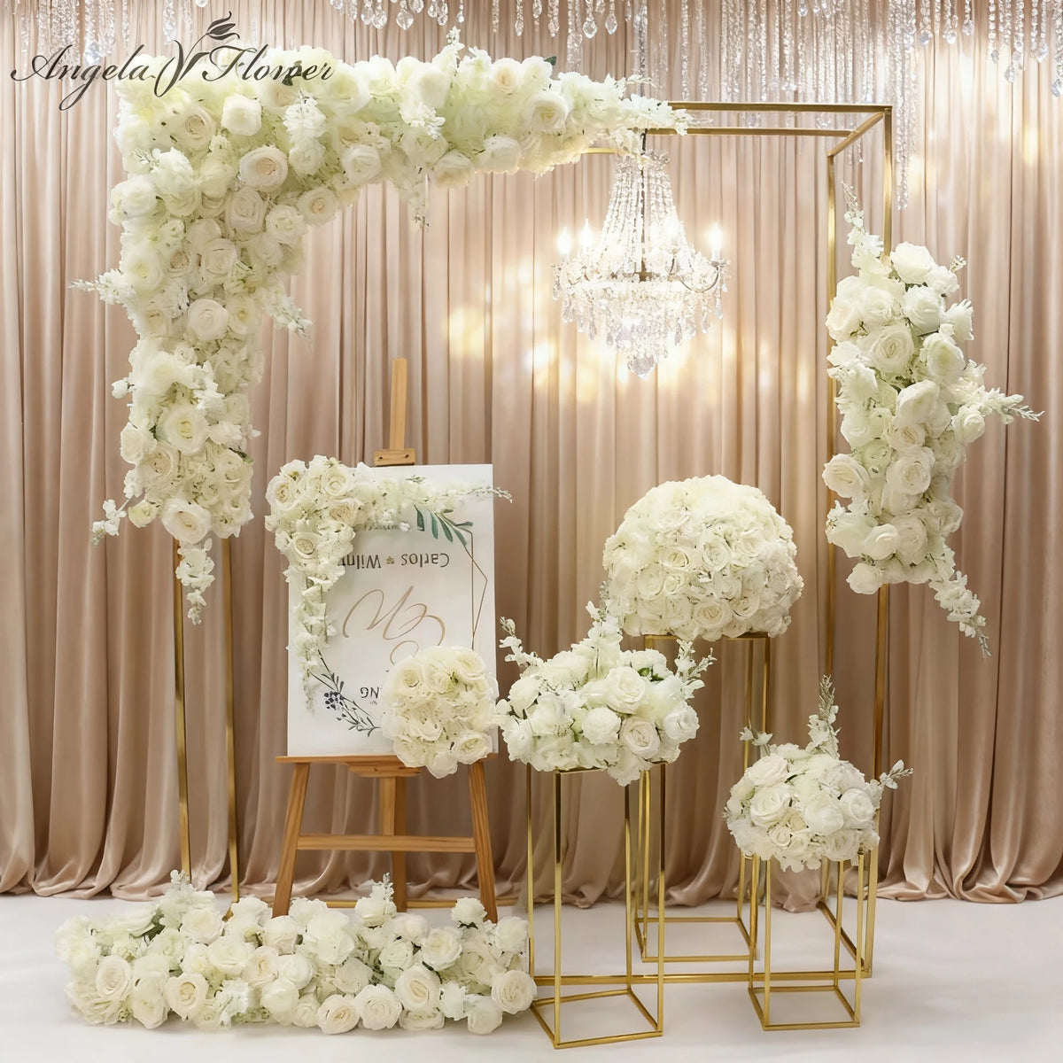 arche décorative fleurs roses blanches artificielles mariage décoration murale blanche fête anniversaire