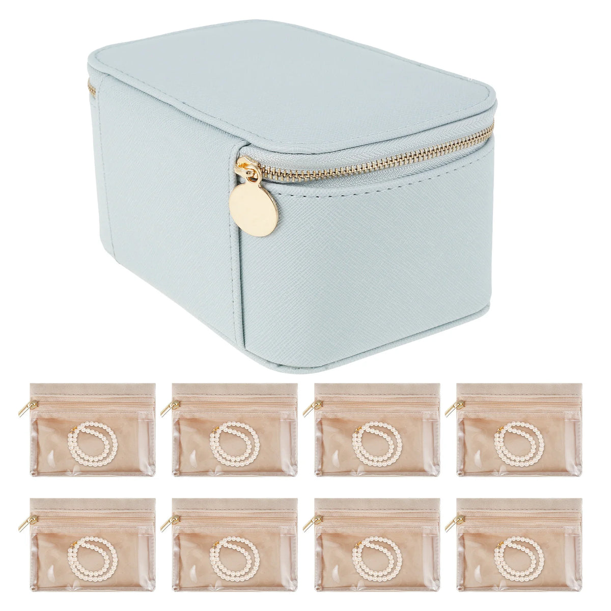boîte bijoux simili cuir bleu clair moderne rangement pochettes fermeture glissière voyage pratique