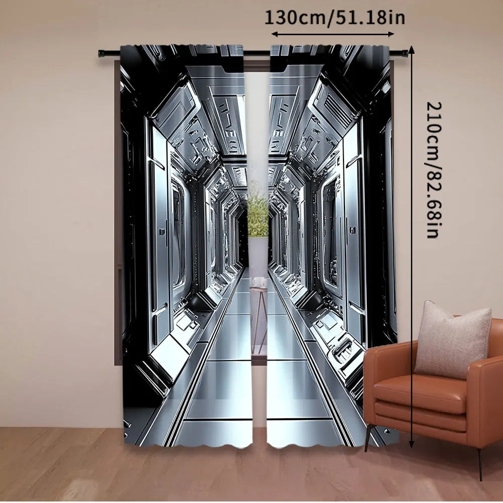 rideau futuriste noir argenté polyester opaque deux panneaux moderne industriel 75x166cm 105x230cm 130x210cm