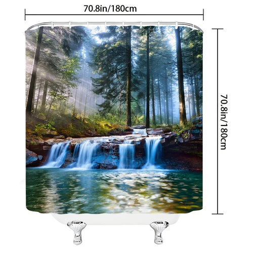 rideau douche moderne paysage forestier cascades opacité polyester blanc enchanteresse anneaux métal machine
