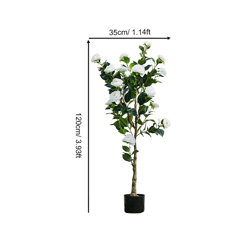 arbre artificiel camélia blanc feuillage vert pot noir décoration extérieure intérieure festive ornement