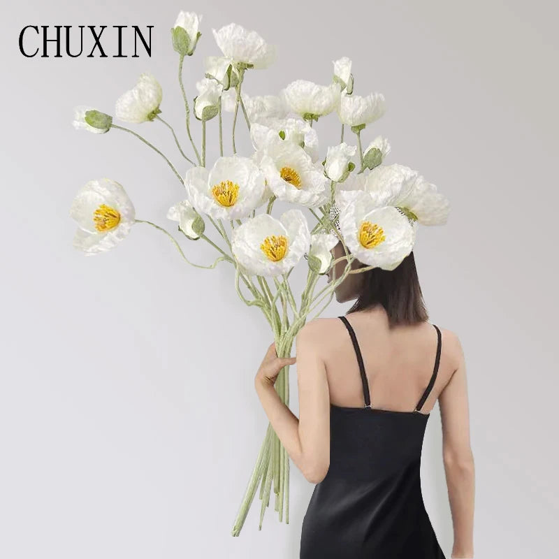 bouquet fleurs artificielles poppies blanc jaune rose decoration maison exterieur 105cm moderne