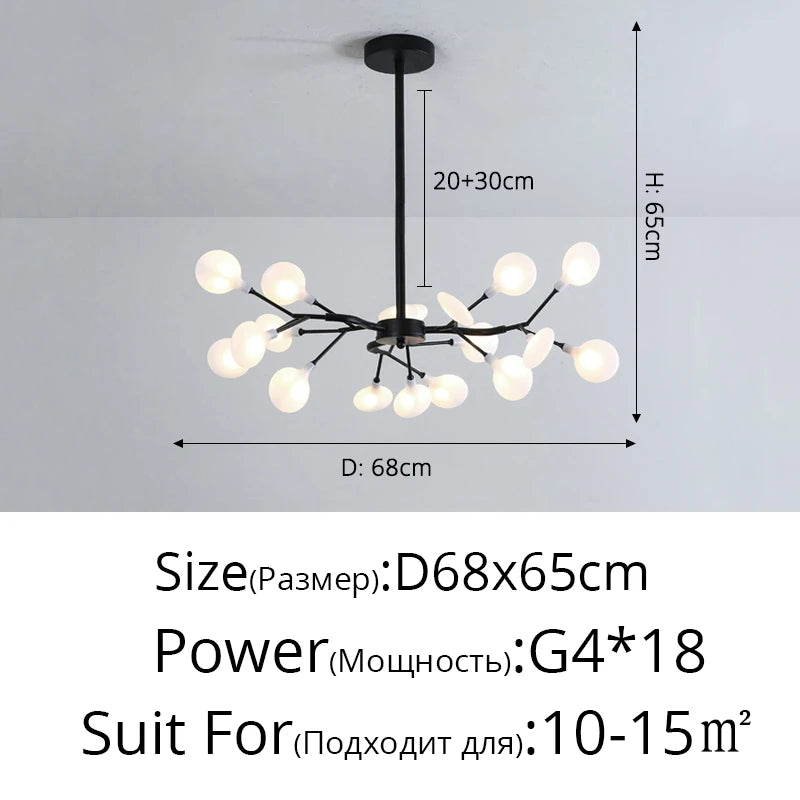 suspension lumineuse or blanc feuilles stylisées opalescente contemporaine 18 ampoules