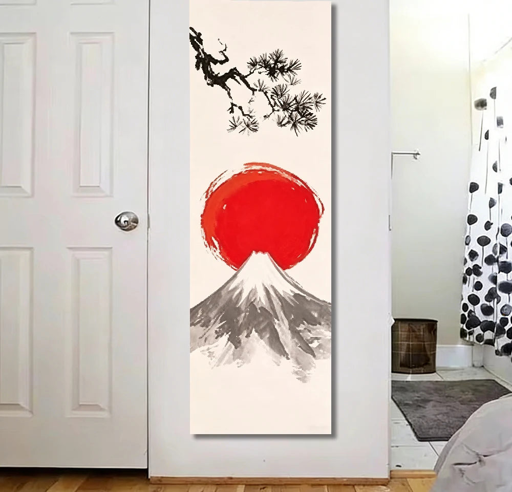 tableau abstrait montagne soleil rouge branche arbre blanc gris noir minimaliste wabi sabi zen