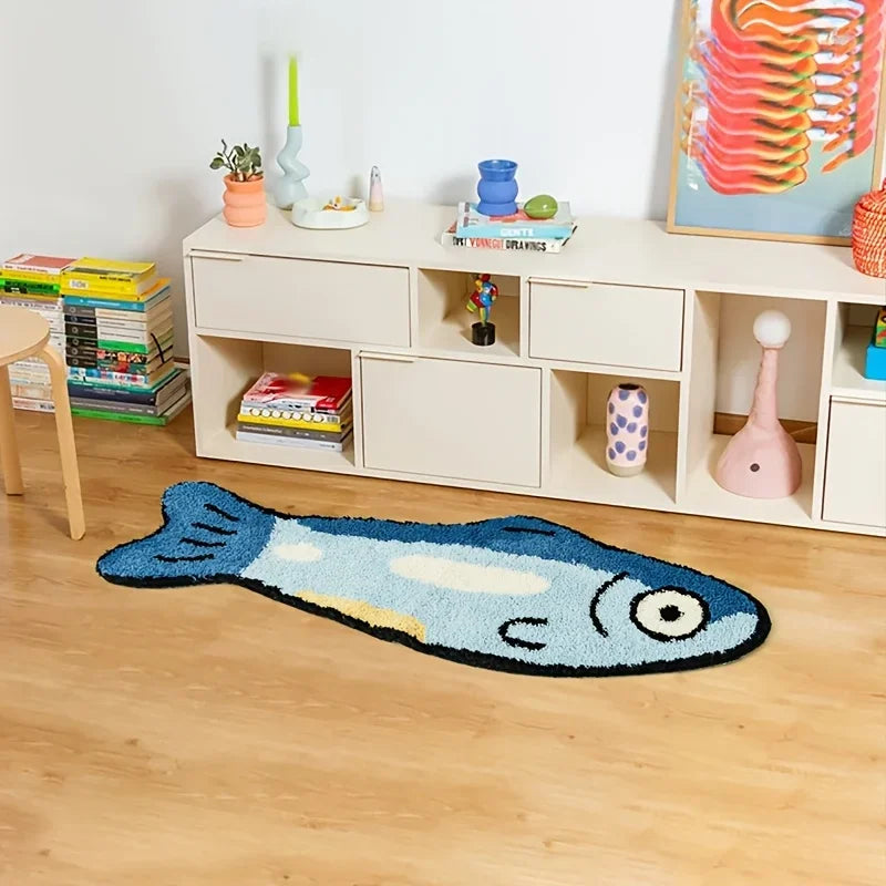 tapis poisson stylisé bleu blanc jaune moderne antidérapant polyester absorbant d'intérieur extérieur