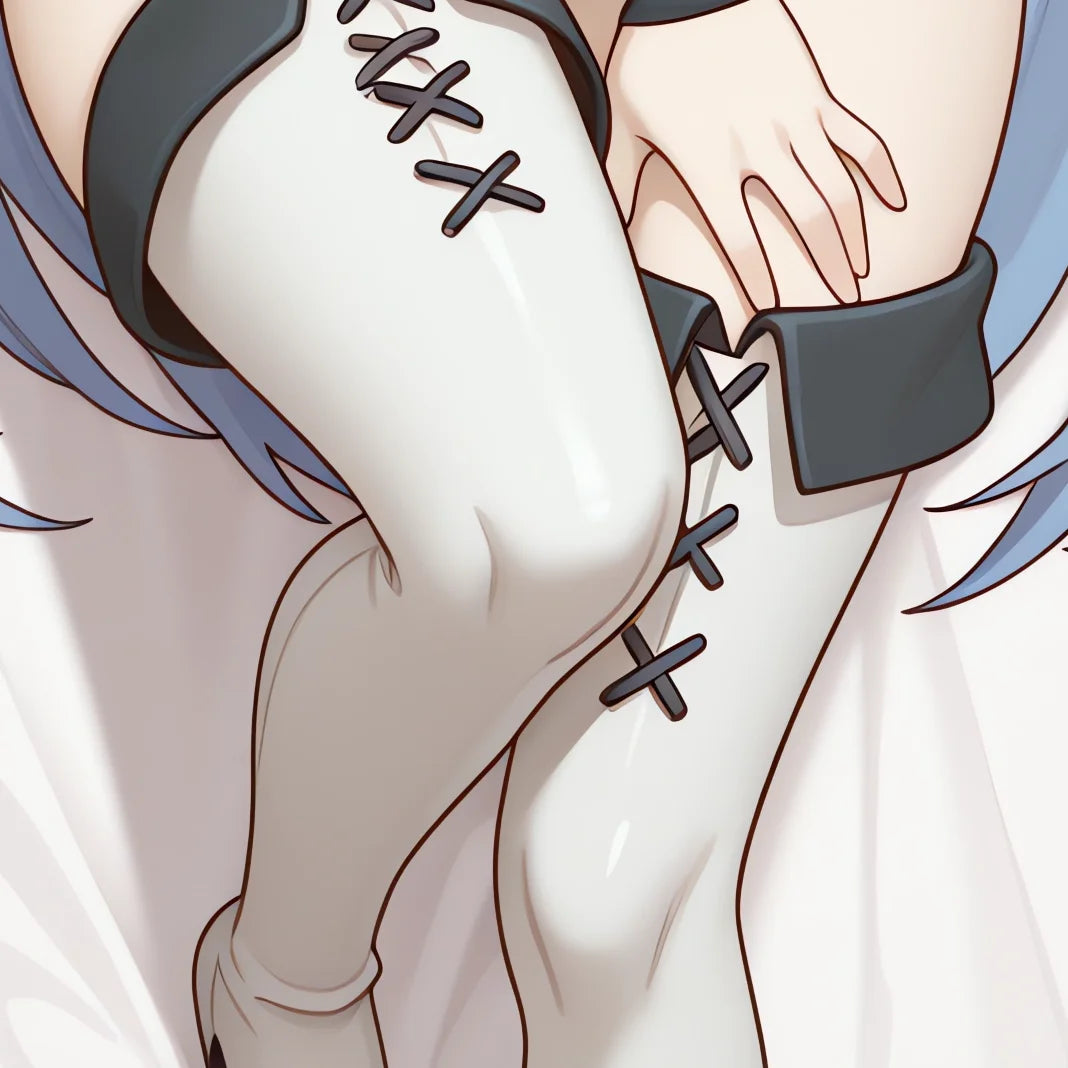 coussin forme allongée personnage anime esdeath blanc details casquette jupe bas chaussures anime double