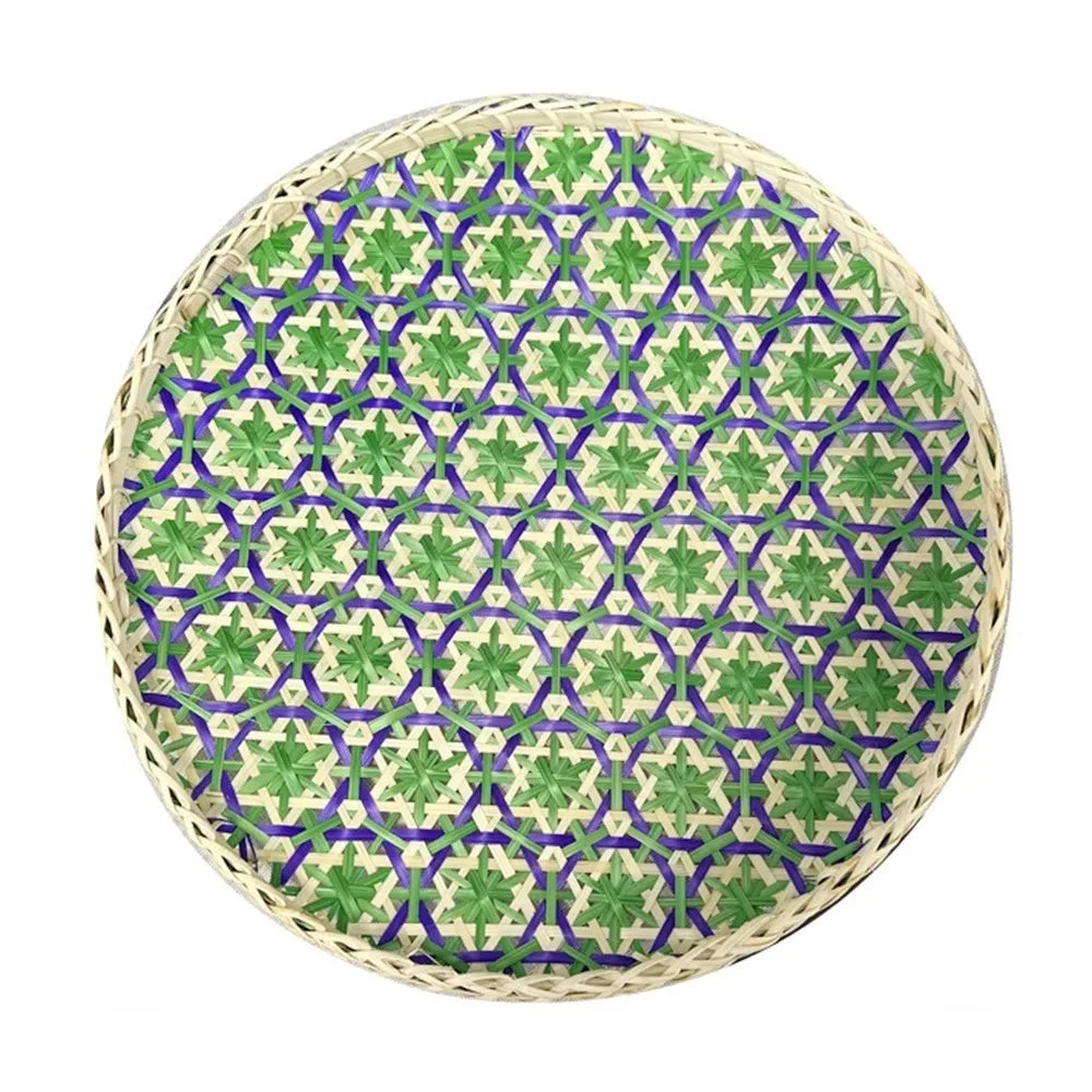 assiettes rotin naturel bleu vert marron motif géométrique tressé taille 15cm 25cm 35cm traditionnel