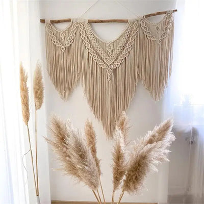 Grande tapisserie murale en macramé blanc style boho