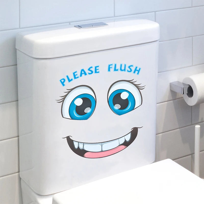 stickers toilette visage souriant yeux grands ouverts cartoon lumineux adhésifs salle bain bleu blanc