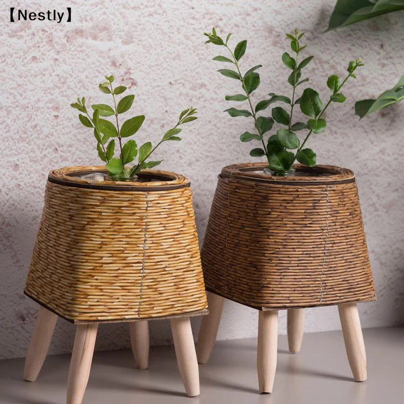 pot plante tressé rotin marron moderne rustique pieds bois artificielle