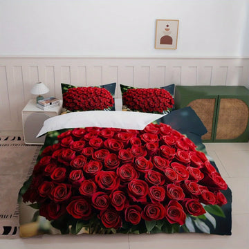 housse couette imprimée roses rouges moderne 3d taies d'oreiller polyester brossé double queen size