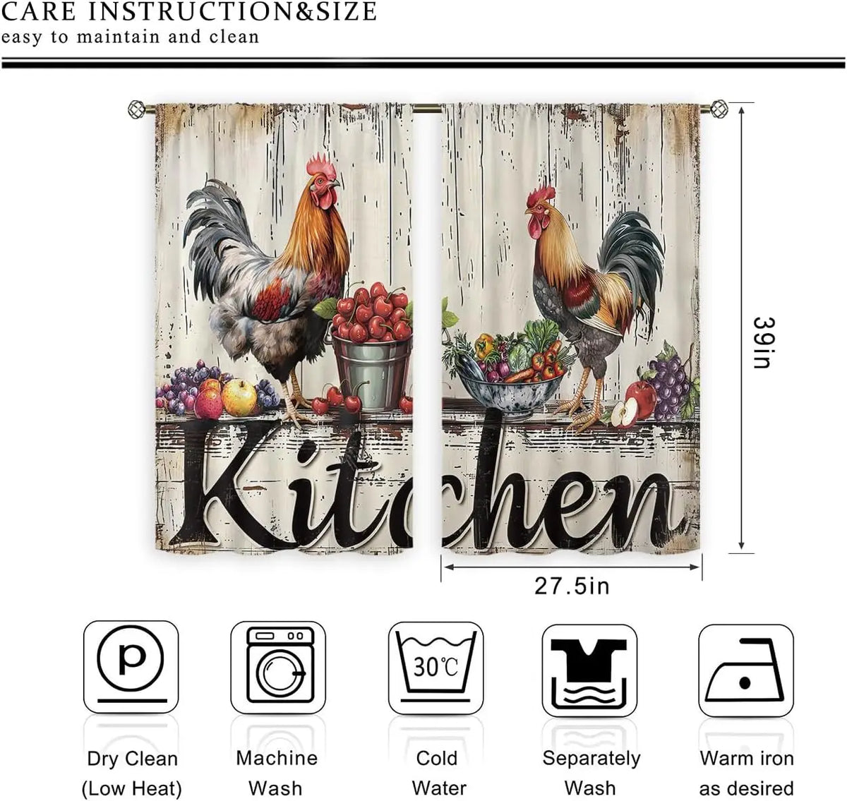 rideaux cuisine ferme motifs coqs fruits bois vieilli occlusion moyenne tringle