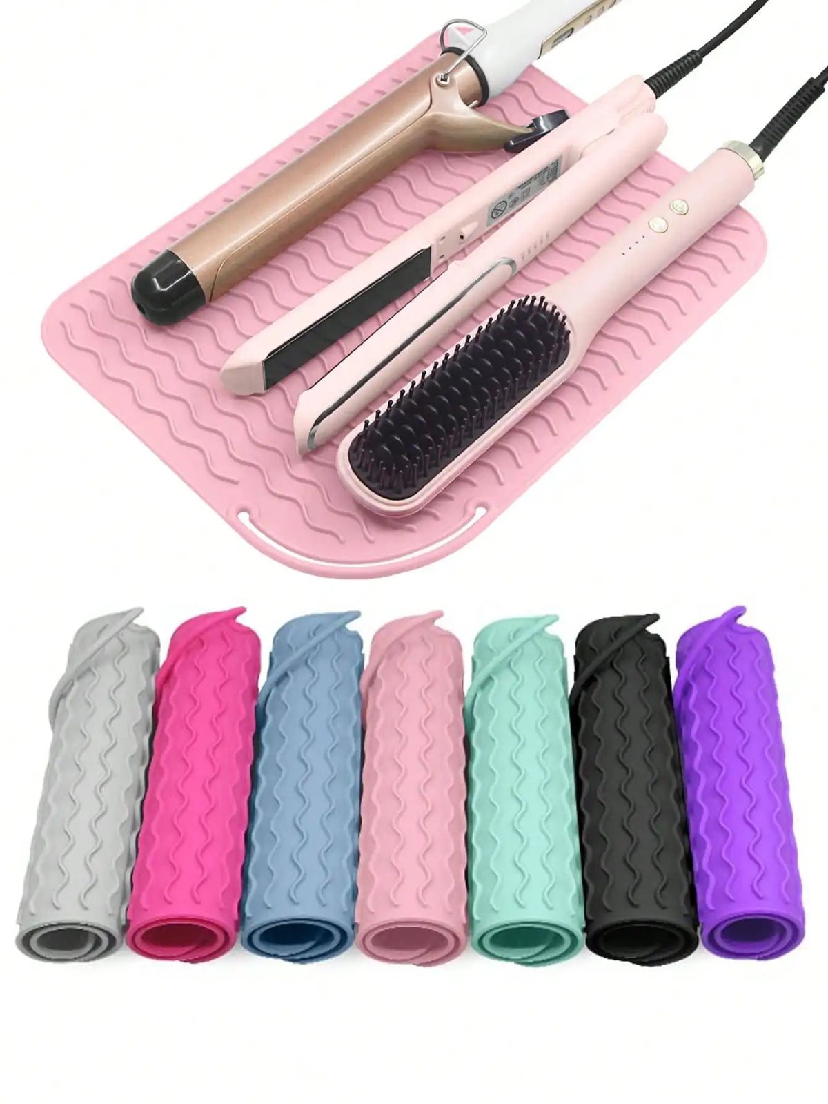 tapis coiffure silicone chauffant rose gris noir bleu vert clips moderne ondulé resistant travel