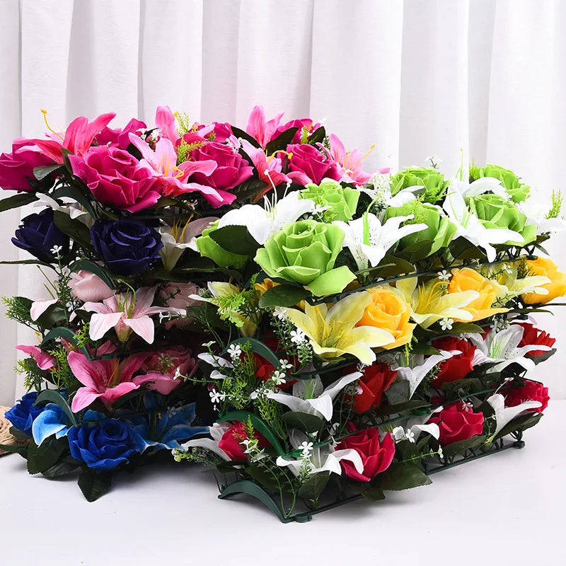 décoration intérieure bouquet artificiel fleurs lys roses moderne clips métalliques bleu rose violet vert