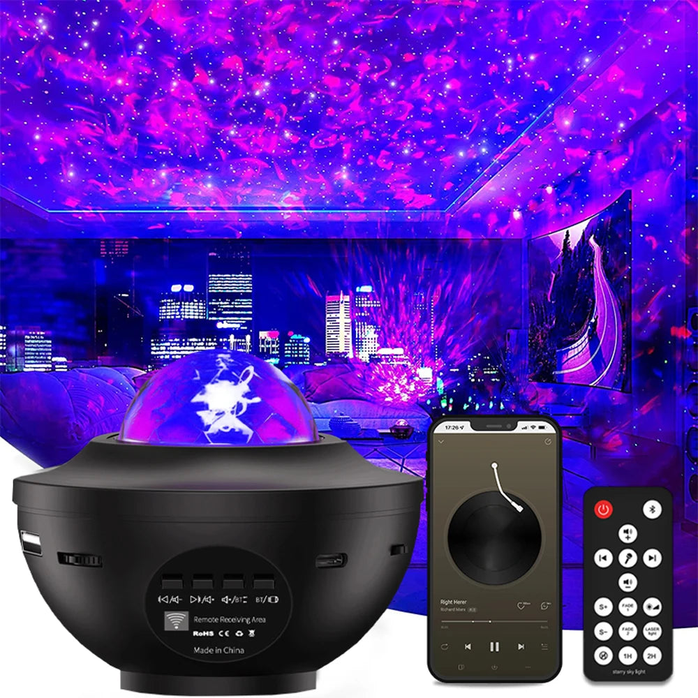 projecteur led noir transparent nébuleuse moderne télécommande bluetooth effets sonores relaxation fête
