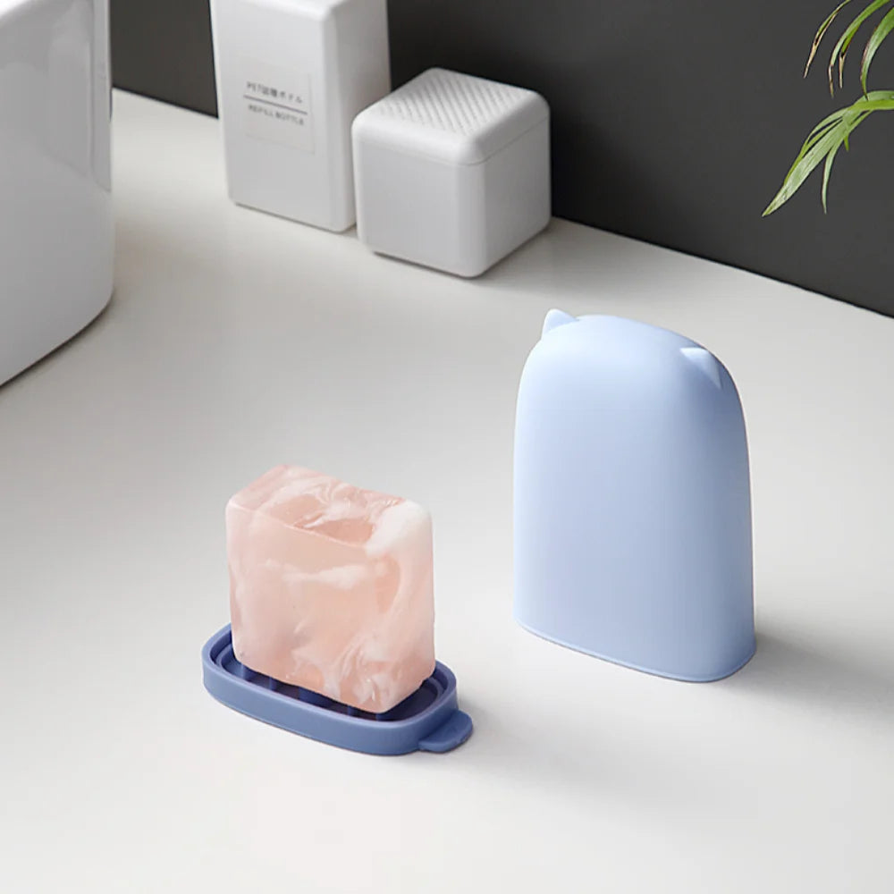 récipient savon silicone étanche couvercle chat oreilles bleu rose blanc mignon designextérieur rangement portable