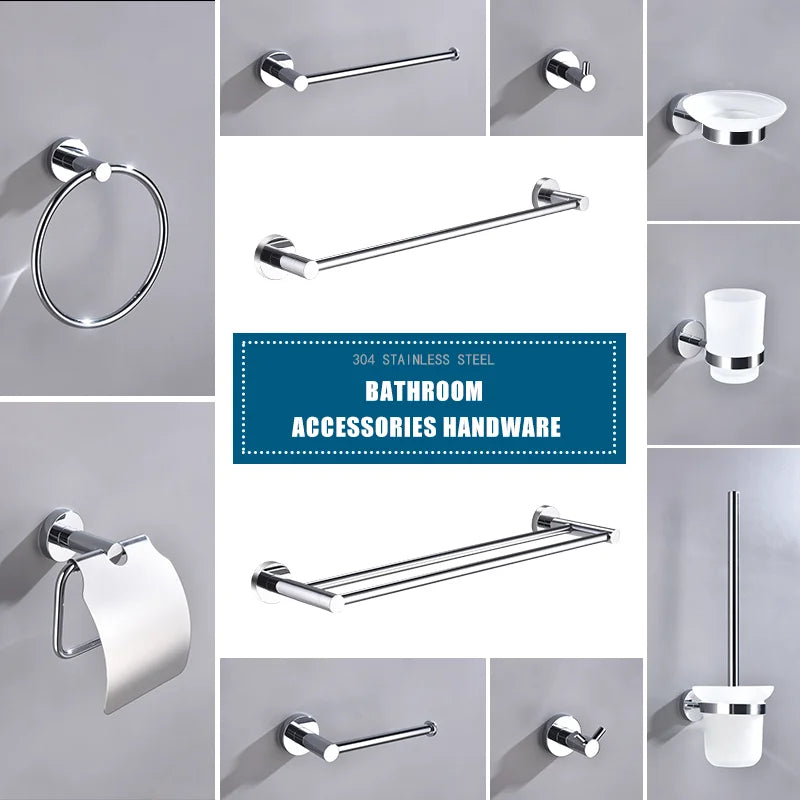 ensemble accessoires salle bain chrome acier inoxydable porte serviette savon mural moderne argenté